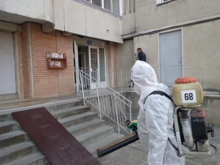 Dezinfecţia scărilor de bloc şi a staţiilor OTL din Oradea a început luni din cartierul Nufărul (FOTO / VIDEO)