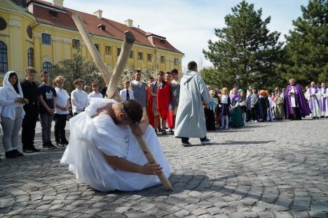 Calea Crucii în curtea Palatului Baroc din Oradea: Sute de credincioşi romano-catolici s-au rugat alături de episcop (FOTO / VIDEO)