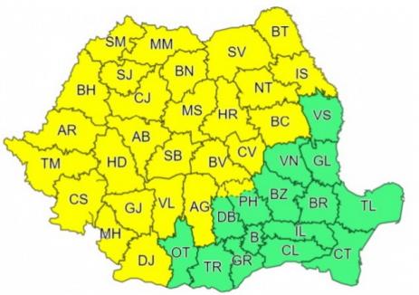 Avertizare meteorologică: Cod galben de ploi în mare parte din ţară, inclusiv Bihor