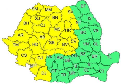 Cod galben de instabilitate atmosferică în Bihor, până luni seară