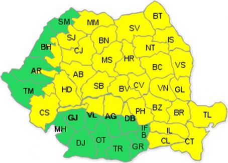 Cod galben de ploi însemnate cantitativ şi instabilitate atmosferică în aproape toată ţara, inclusiv în Bihor