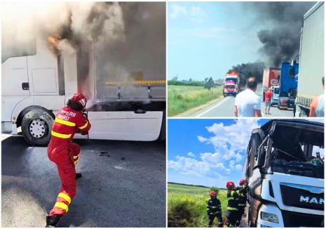 Un TIR a luat foc, pe DN1, între două localităţi bihorene. Trafic îngreunat (FOTO/VIDEO)