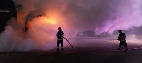 Incendiu violent la un TIR încărcat cu brichete de rumeguș, pe Șoseaua Borșului din Oradea (FOTO/VIDEO)