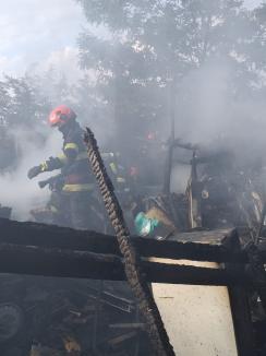 Incendiu violent pe strada Izvorului din Oradea. UPDATE: O construcție din lemn a ars complet (FOTO/VIDEO)