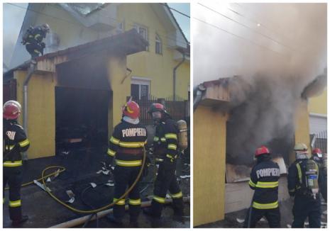 Incendiu în Oradea: Garajul unei case a fost distrus de flăcări, cu tot cu maşina din interior (FOTO / VIDEO)
