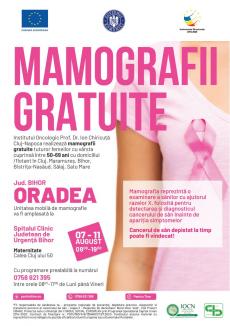 Mamografii gratuite în Oradea: Femeile cu vârste între 50 - 69 de ani se pot testa în perioada 7-11 august, la Maternitate