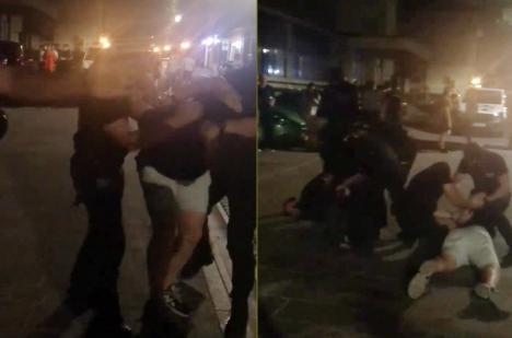 Scandal în centrul Oradiei: Doi tineri, încătuşaţi şi ridicaţi de mascaţi de la o terasă de pe Alecsandri, deschisă după miezul nopţii (VIDEO)