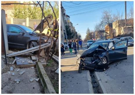 Accident în Oradea: O maşină a intrat în gardul unei case, o persoană a ajuns la spital (FOTO/VIDEO)