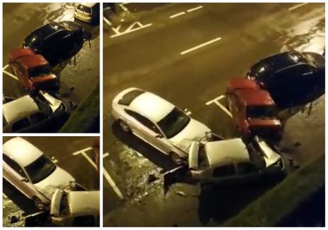 Beat turtă la volanul unui Audi, a spulberat 3 maşini parcate în Oradea! (VIDEO)