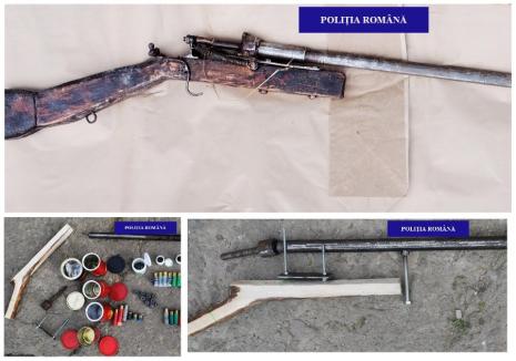 Armă artizanală și muniție letală, descoperite de poliţişti în Bihor. Doi bărbați au fost reținuți (FOTO)