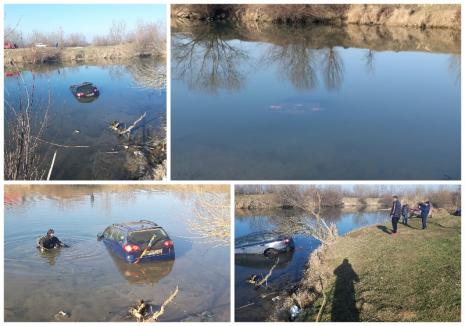 Pescuit cu peripeţii, în Bihor: O maşină s-a scufundat de tot în Crişul Repede, după ce şoferul a uitat să tragă frâna de mână! (FOTO / VIDEO)