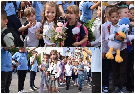 Jucării, flori și ochi înlăcrimați: Cum a fost prima zi de școală pentru elevii celei mai mari unități de învățământ din Oradea (FOTO)