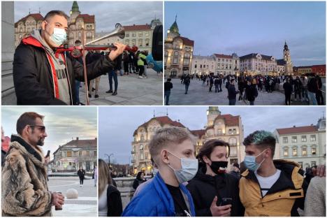 A doua seară de proteste anti-restricţii în Oradea. Printre manifestanţi, mulţi tineri, între care şi lăutari (FOTO / VIDEO)