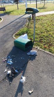 An nou, metehne vechi: Coșurile de gunoi dintr-un parc din Oradea, distruse de vandali (FOTO)