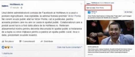 Angajat Hotnews, pe Facebook: 'Sper să crapi, Victor Ponta!'