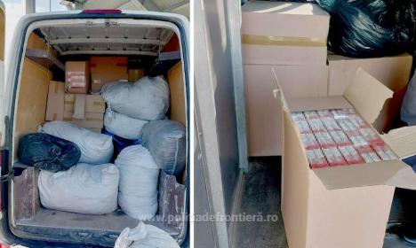 Captură la Borș II: Peste 30.000 de țigări de contrabandă au fost confiscate dintr-o autoutilitară încărcată cu ajutoare, condusă de un tânăr ucrainean (FOTO)