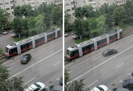 Lecţie inedită în traficul din Oradea: Şoferul unui bolid care a vrut să vireze pe interzis a fost forţat de un vatman să renunţe (FOTO)