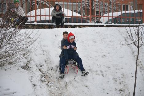 La săniuş, în martie: Primăvara albă i-a scos pe copiii orădeni din case (FOTO)