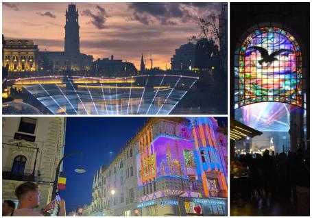 Sărbătoare Art Nouveau în centrul Oradiei: Proiecțiile luminoase de pe Crișul Repede și din pasajul Vulturul Negru au fost atracțiile serii (FOTO)