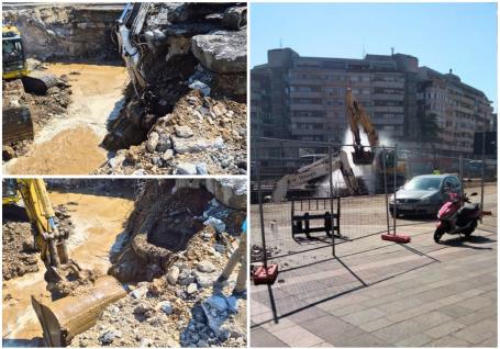 S-a spart rețeaua! O parte din centrul Oradiei a rămas fără apă, în plină caniculă, din cauza unei avarii pe șantierul pasajului subteran din fața magazinului Crișul (FOTO)