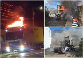Trei TIR-uri au luat foc într-o singură zi în Bihor. Pompierii au ferit o clădire de flăcări și au salvat un transport de alimente (FOTO/VIDEO)