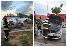 Două incendii în 5 minute, în Bihor: remorcile cu baloți de paie ale unui tractor au ars la Șimian, iar o mașină a luat foc în Oradea (FOTO)