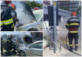 O maşină a luat foc în parcarea unui supermarket din Oradea (FOTO/VIDEO)