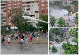 Imagini inedite în Oradea: Pompierii au ieșit să răcorească lumea în parcuri, în prima zi de cod roșu de caniculă (VIDEO)