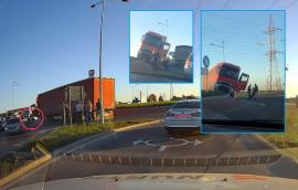 Un camionagiu drogat cu amfetamină şi-a urcat TIR-ul pe un sens giratoriu, la intrare în Oradea. Doi oameni l-au sprijinit ca să nu cadă din cabină (FOTO/VIDEO)